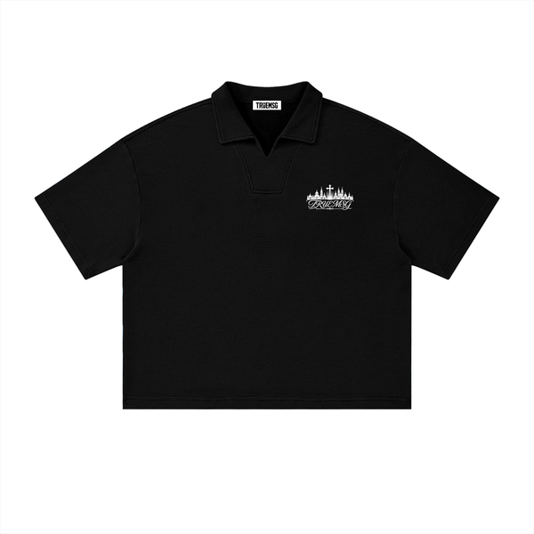 TRUEMSG Vintage Wash Waffle Boxy Polo Shirt