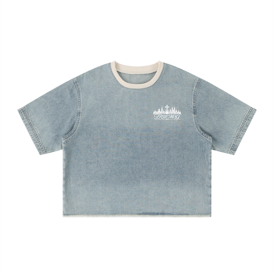 TRUEMSG Vintage Wash Boxy Raw Hem Denim T-Shirt