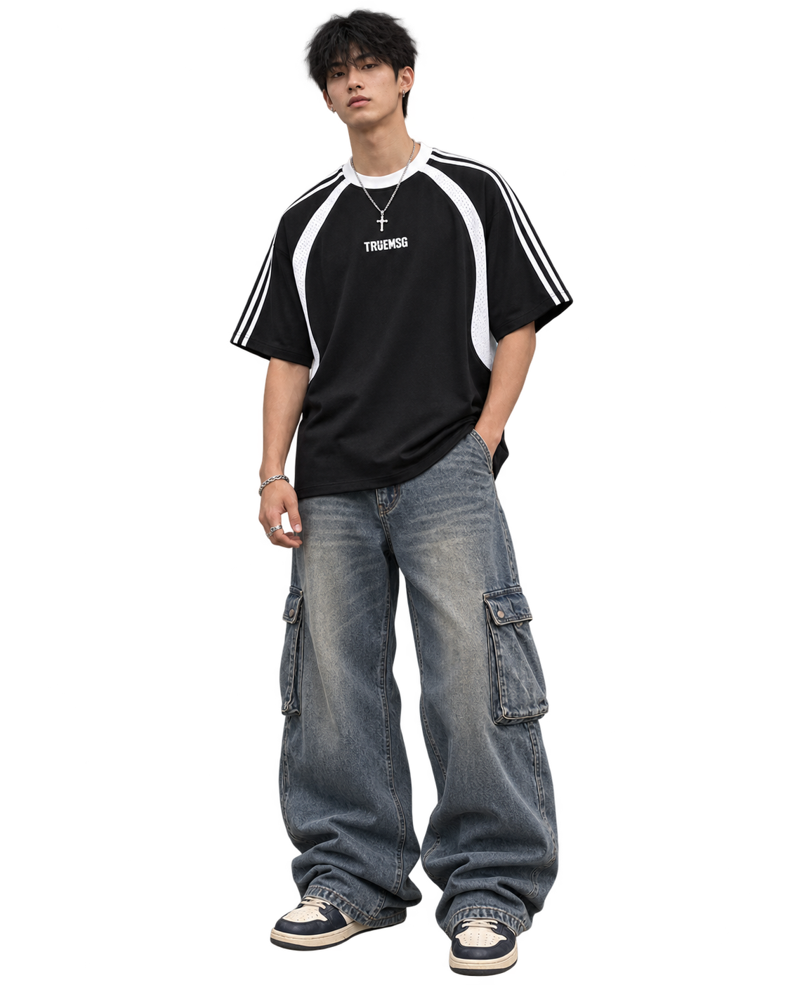 SAVED Contrast Stripes Panel Mesh T-shirt