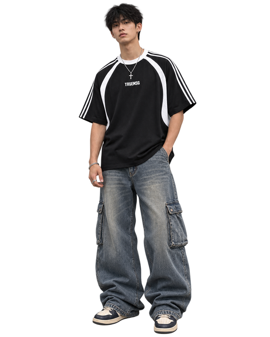 SAVED Contrast Stripes Panel Mesh T-shirt