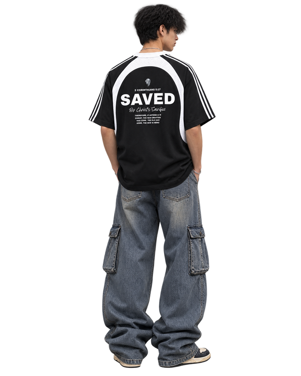 SAVED Contrast Stripes Panel Mesh T-shirt