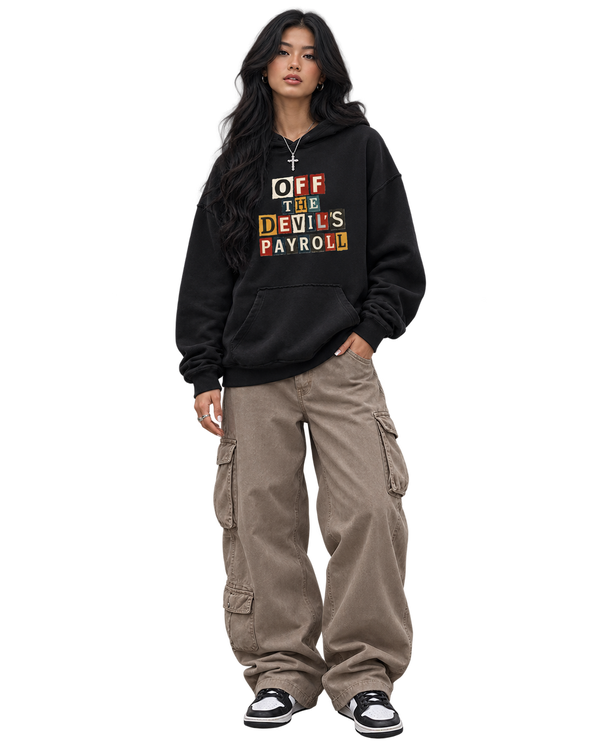Off The Devil's Payroll Snow Washed Raw Edge Double Layered Hoodie